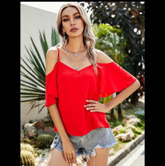 New Sale!!Red Cold Shoulder Blouse - Picture 4 of 5